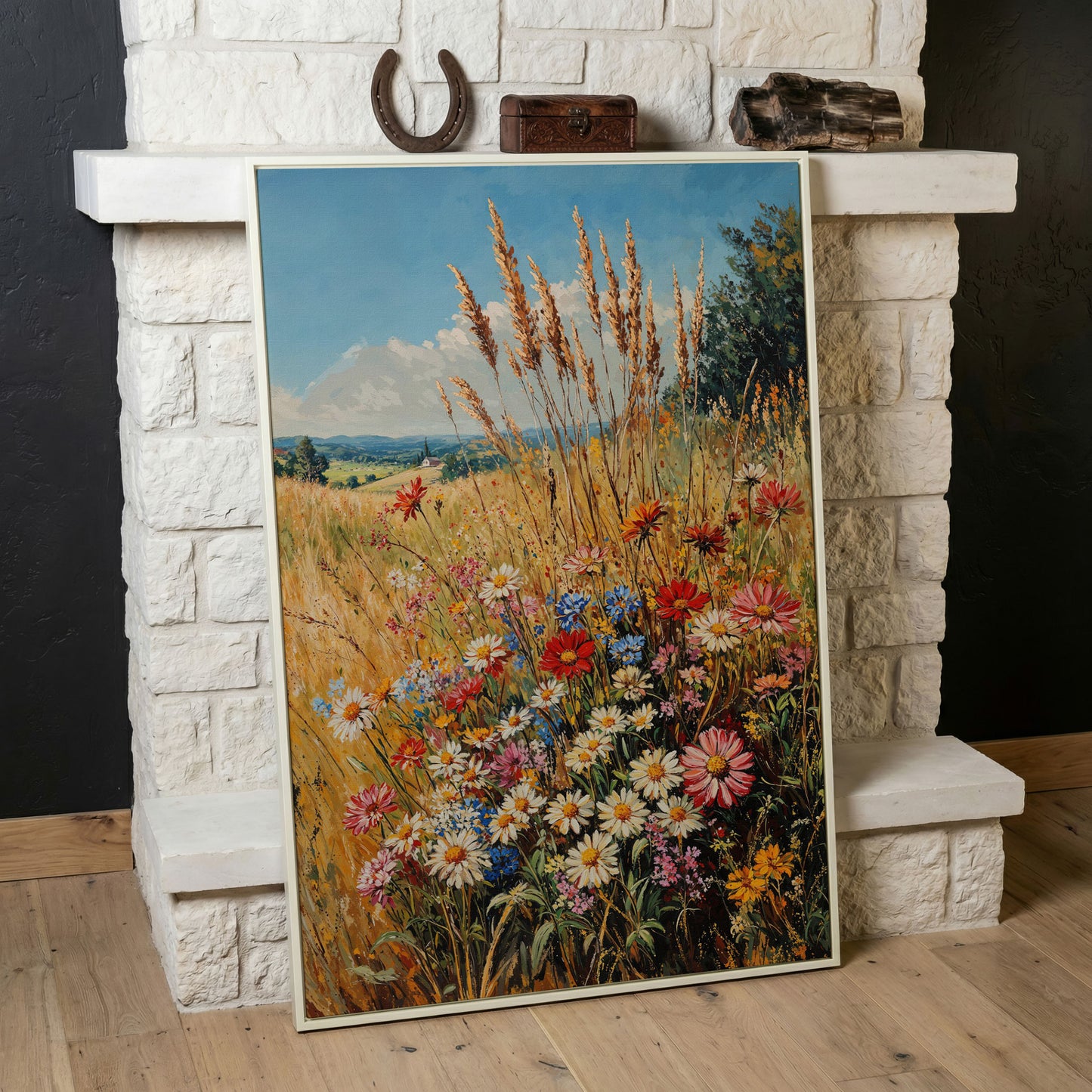 Wildflowers and Blue Sky Canvas in white floating frame