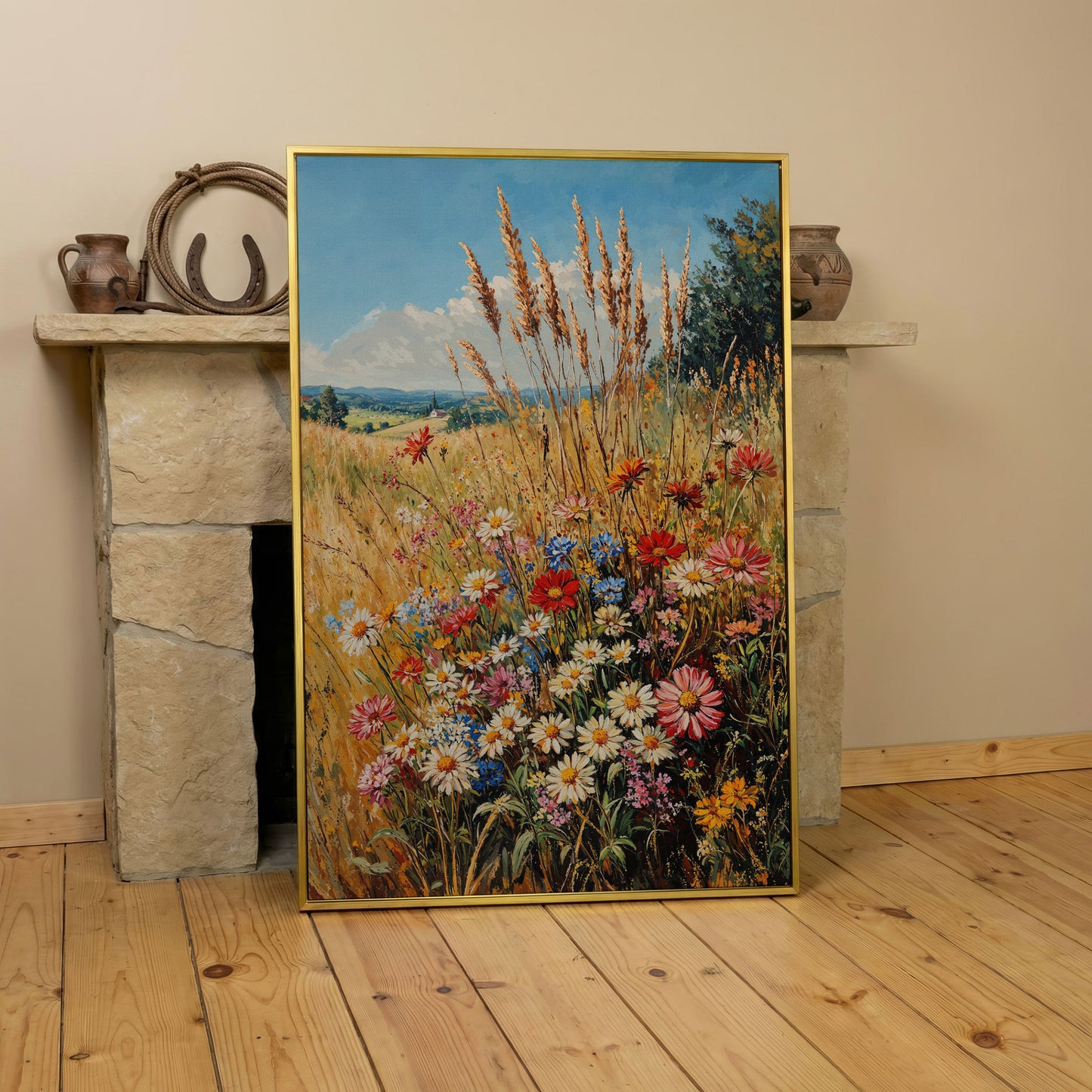 Wildflowers and Blue Sky Canvas in yellow gold floating frame
