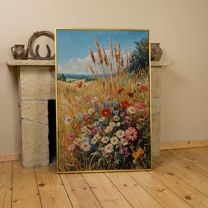 Wildflowers and Blue Sky Canvas in yellow gold floating frame