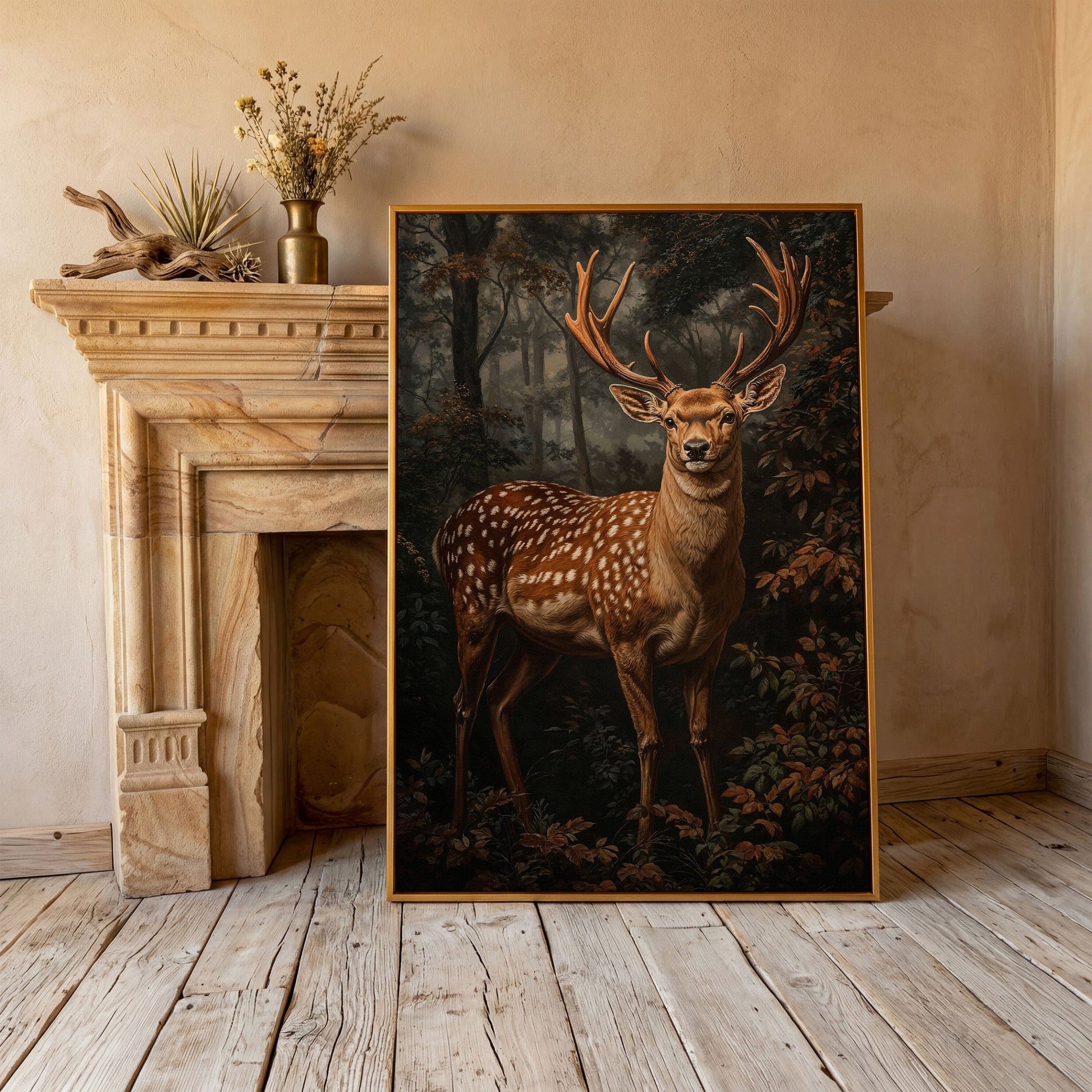 Deer in Enchanted Forest Canvas Print in antique gold floating frame