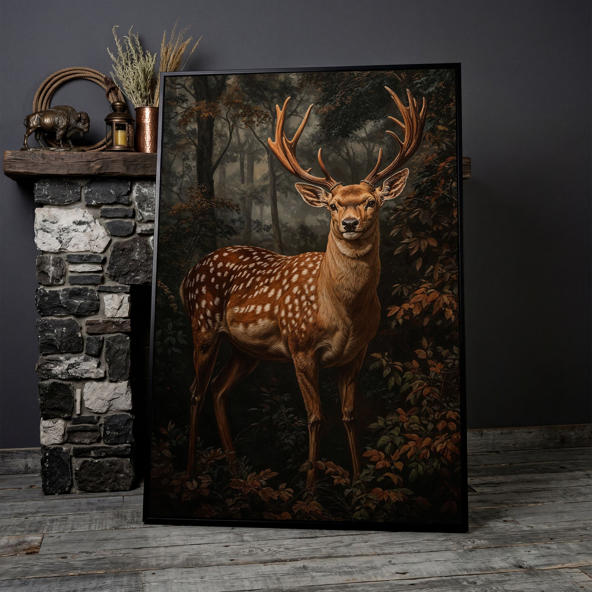 Deer in Enchanted Forest Canvas Print in black floating frame