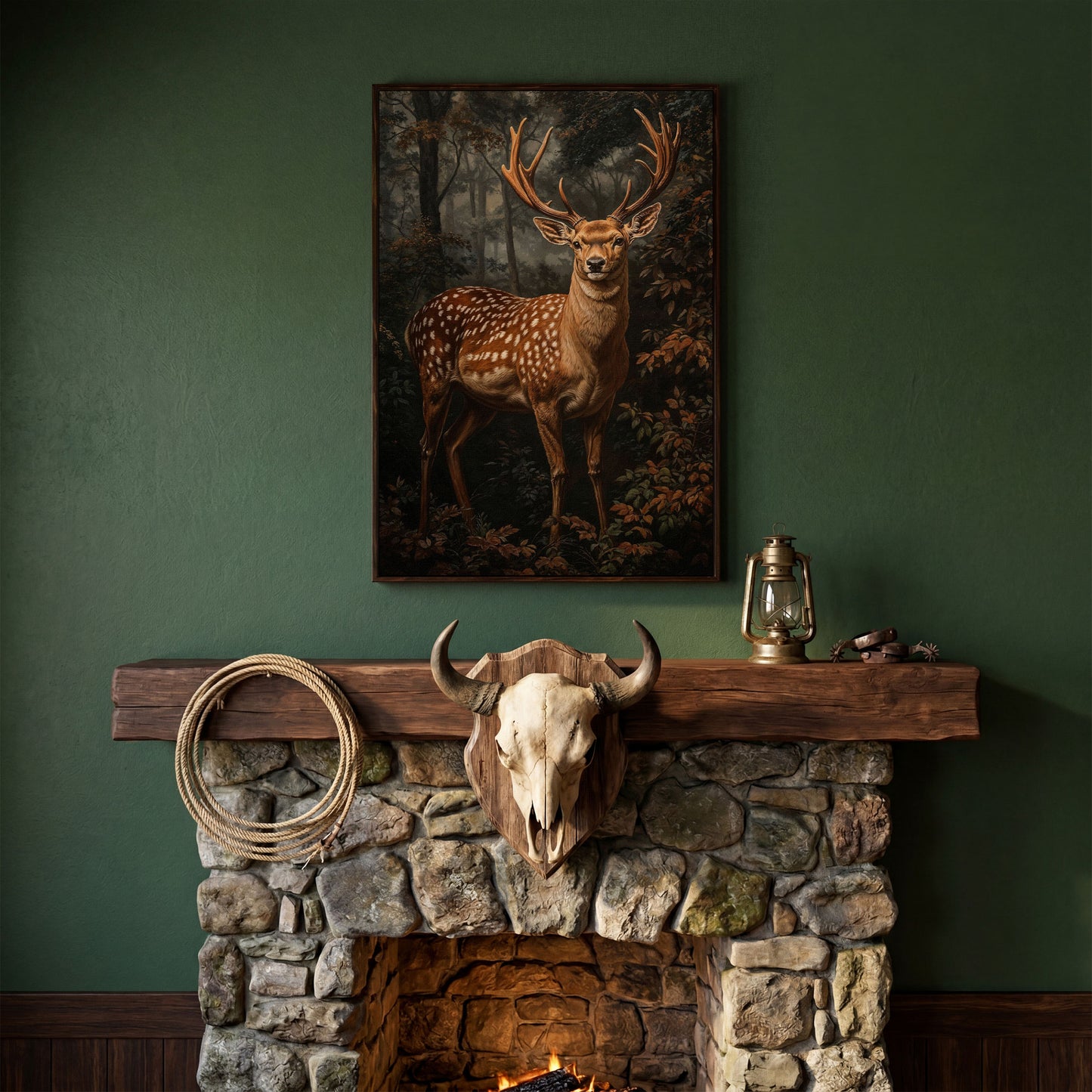 Deer in Enchanted Forest Canvas Print in dark walnut floating frame