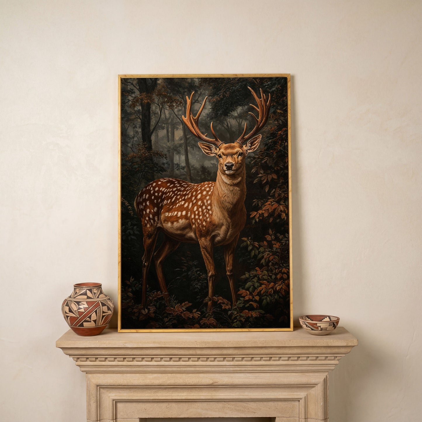Deer in Enchanted Forest Canvas Print in white oak floating frame