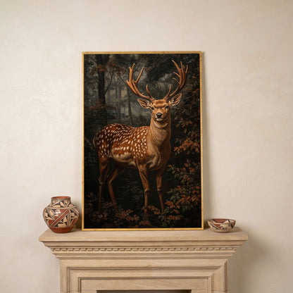 Deer in Enchanted Forest Canvas Print in white oak floating frame