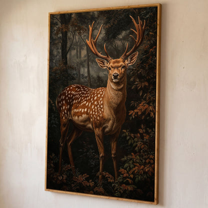 Deer in Enchanted Forest Canvas Print shown in white oak floating frame
