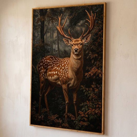 Deer in Enchanted Forest Canvas Print shown in white oak floating frame