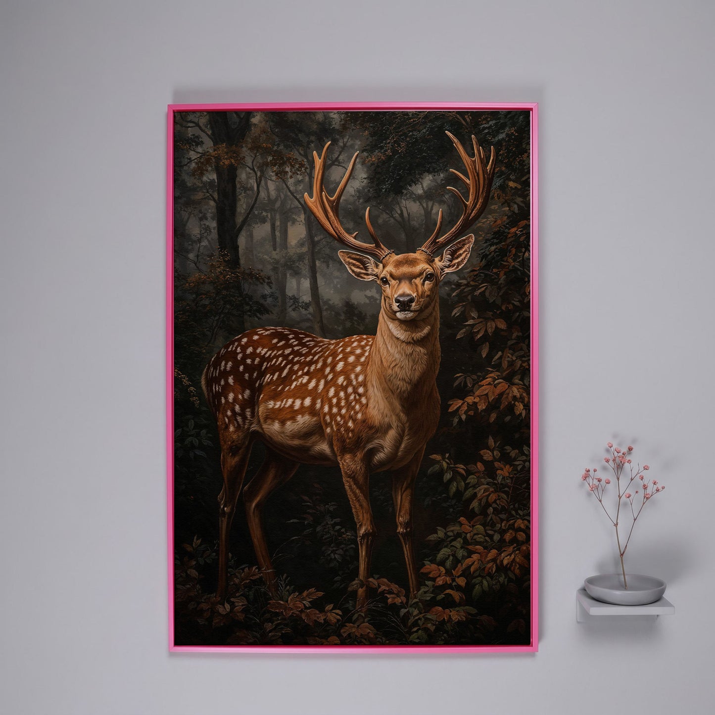 Deer in Enchanted Forest Canvas Print in pink floating frame