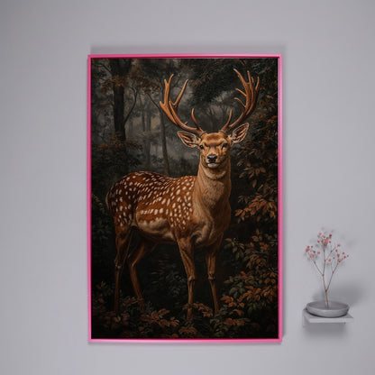 Deer in Enchanted Forest Canvas Print in pink floating frame