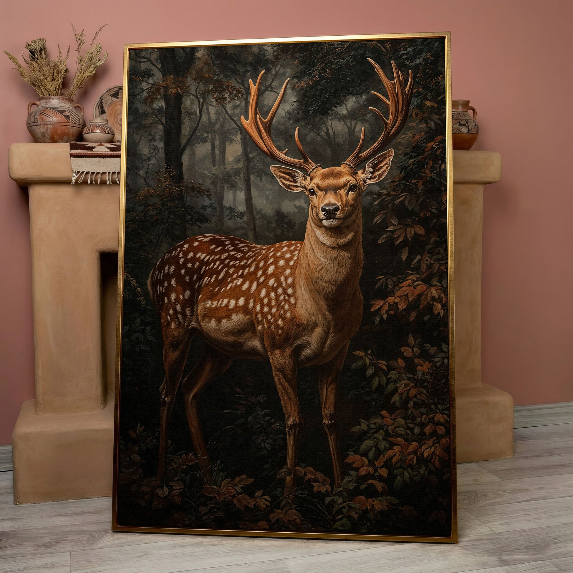 Deer in Enchanted Forest Canvas Print in rose gold floating frame