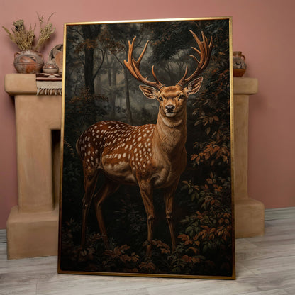 Deer in Enchanted Forest Canvas Print in rose gold floating frame