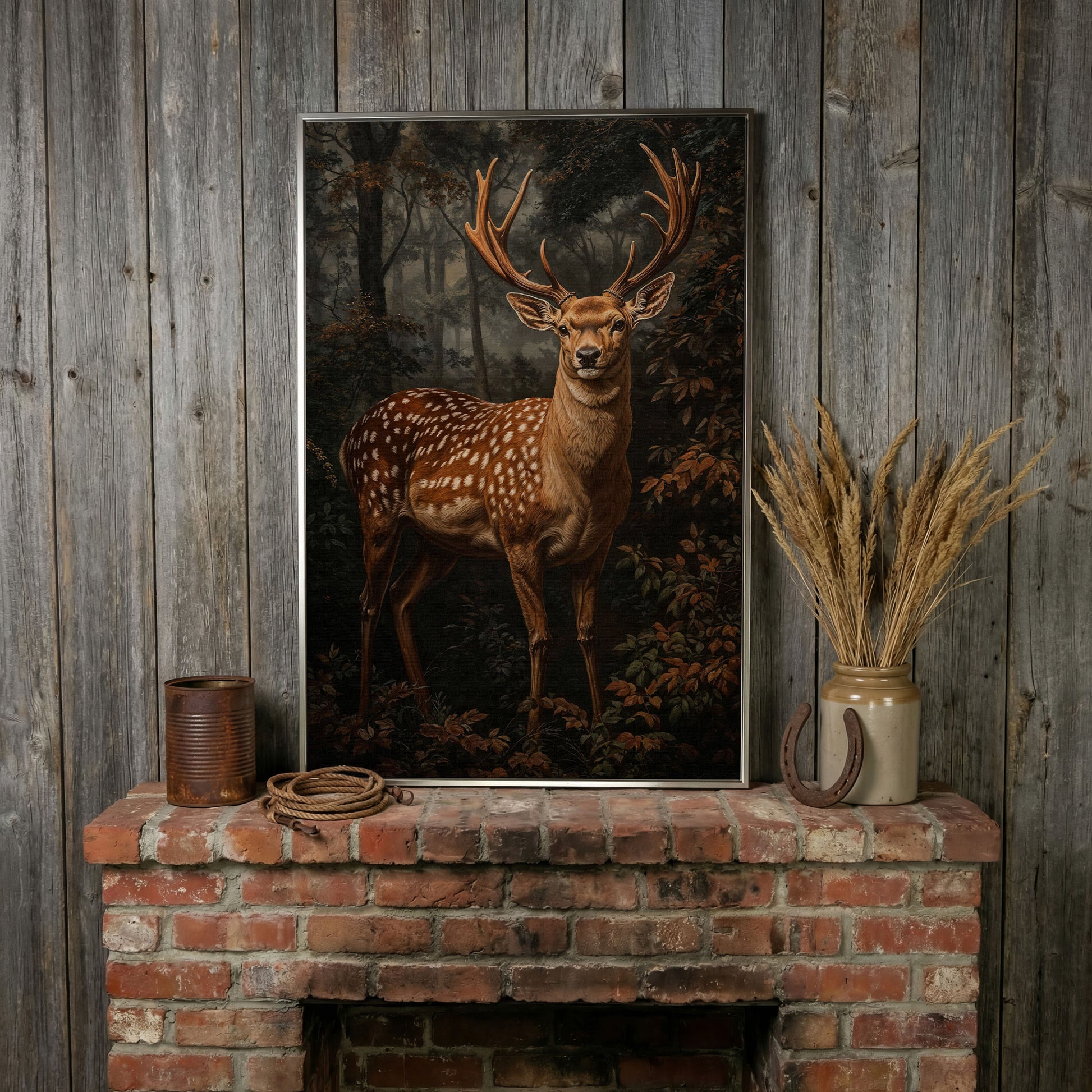 Deer in Enchanted Forest Canvas Print in silver floating frame