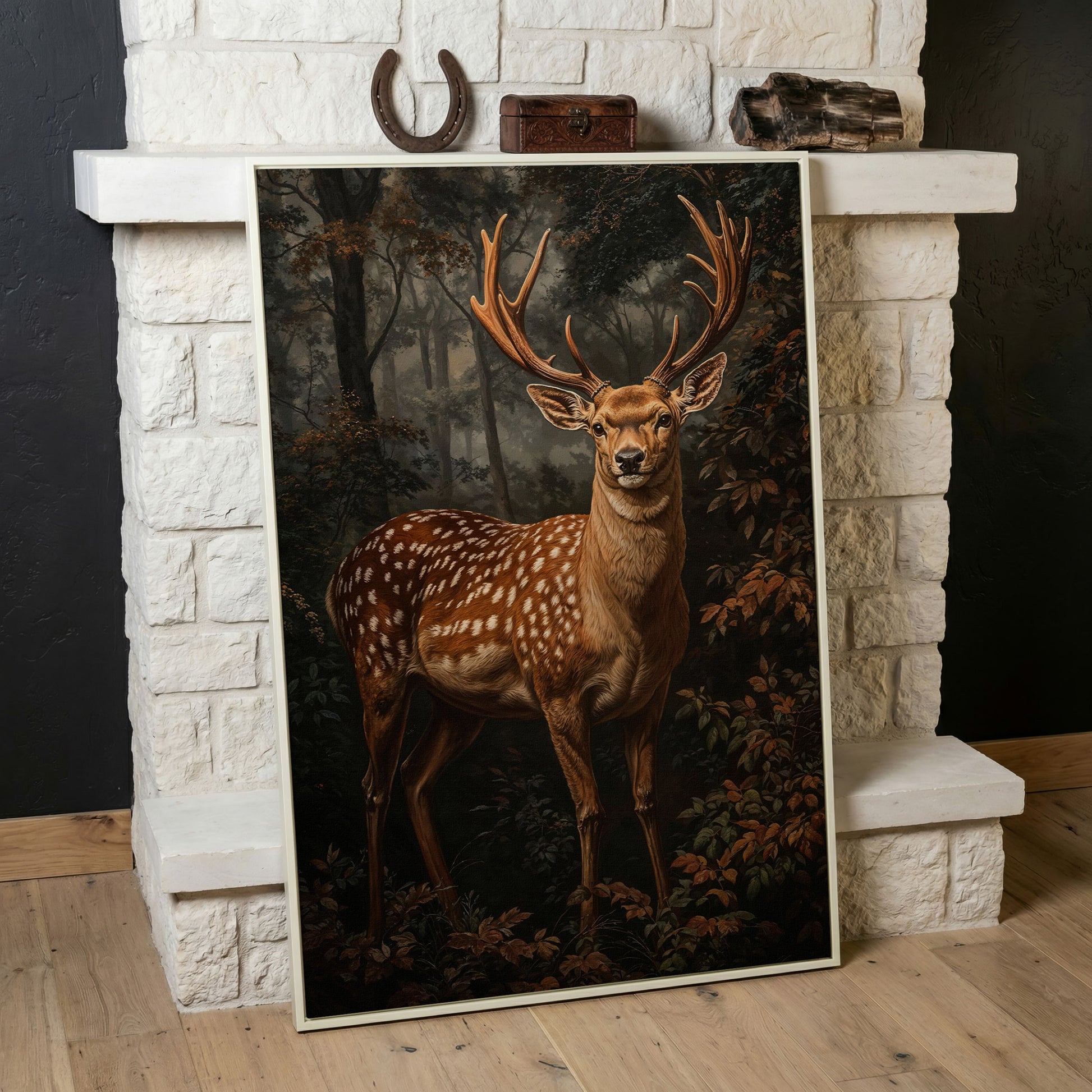 Deer in Enchanted Forest Canvas Print in white floating frame