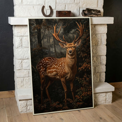 Deer in Enchanted Forest Canvas Print in white floating frame