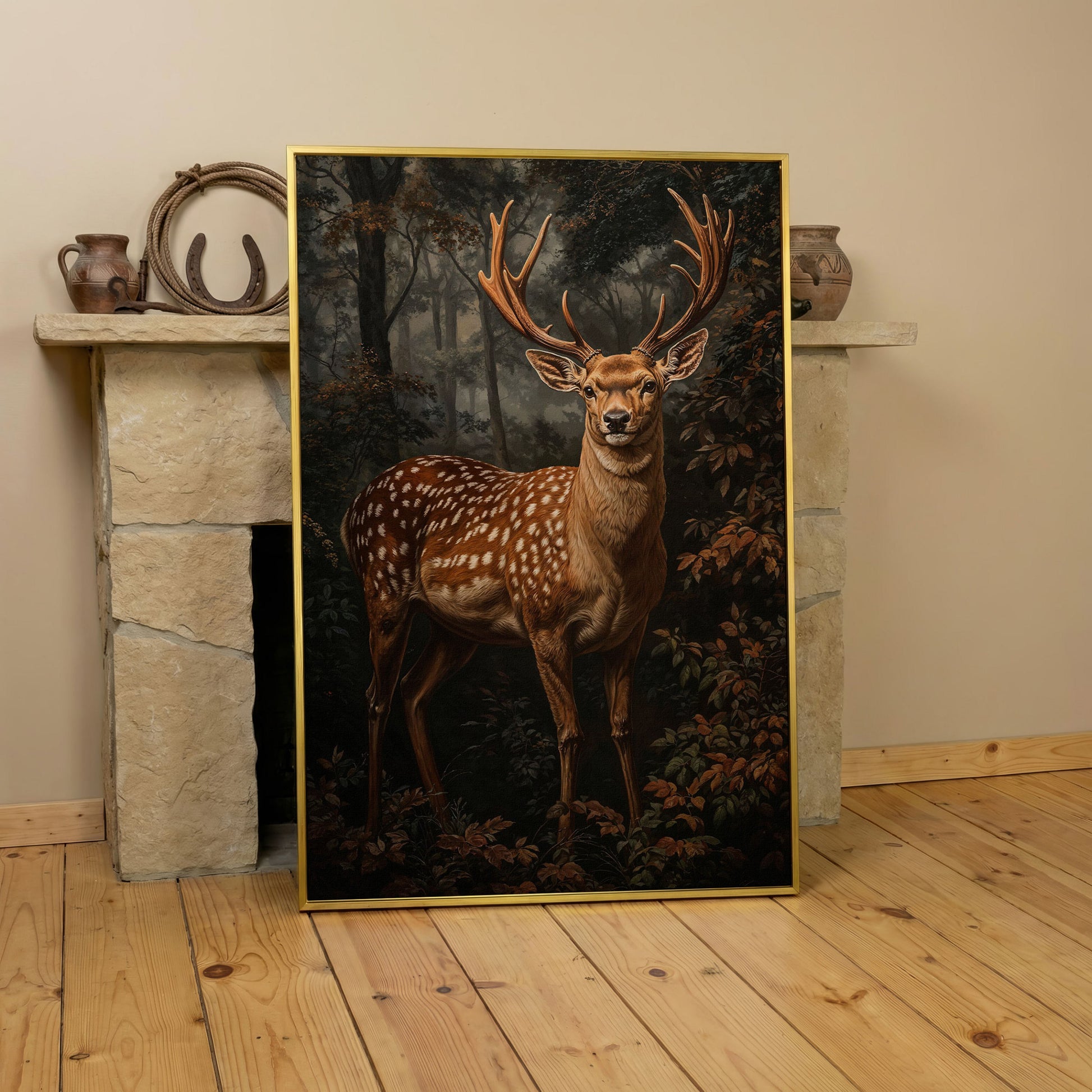 Deer in Enchanted Forest Canvas Print in yellow gold floating frame