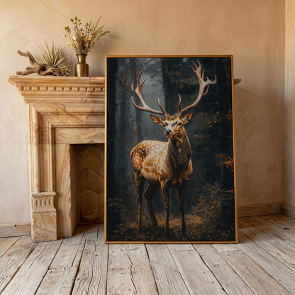 Majestic Stag in Forest Wildlife Canvas in antique gold floating frame