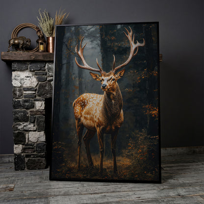 Majestic Stag in Forest Wildlife Canvas in black floating frame