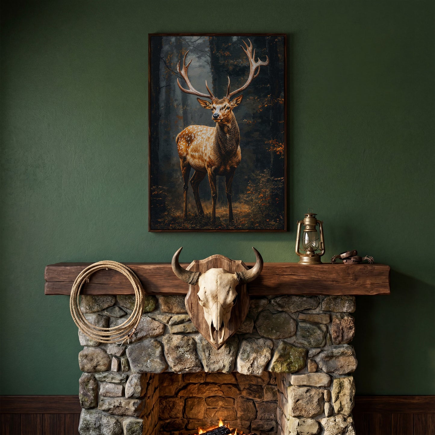 Majestic Stag in Forest Wildlife Canvas in dark walnut floating frame