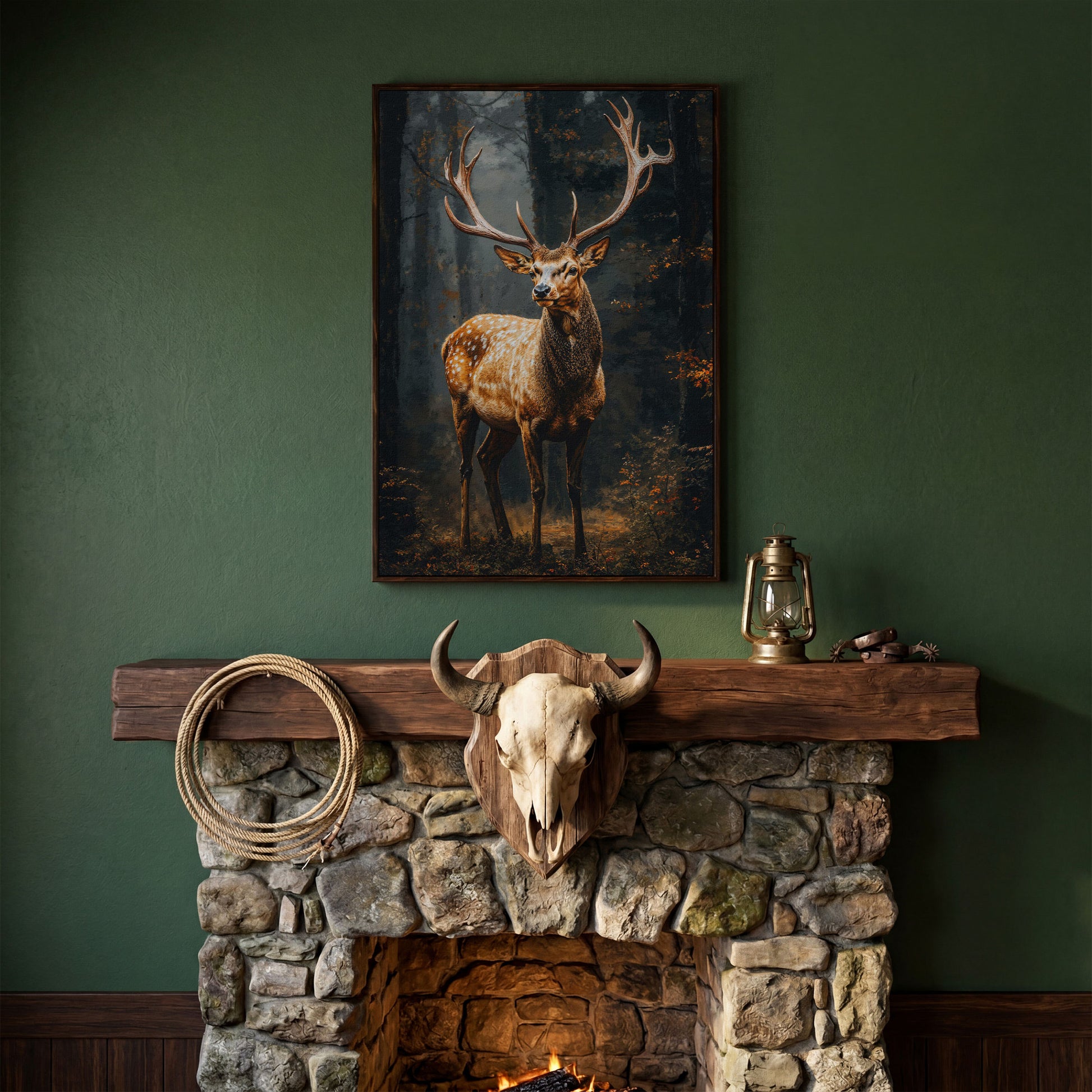Majestic Stag in Forest Wildlife Canvas in dark walnut floating frame
