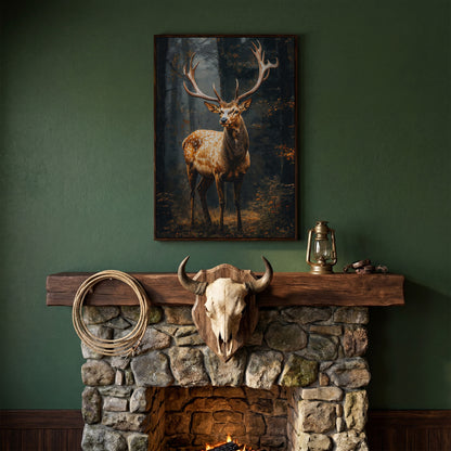 Majestic Stag in Forest Wildlife Canvas in dark walnut floating frame