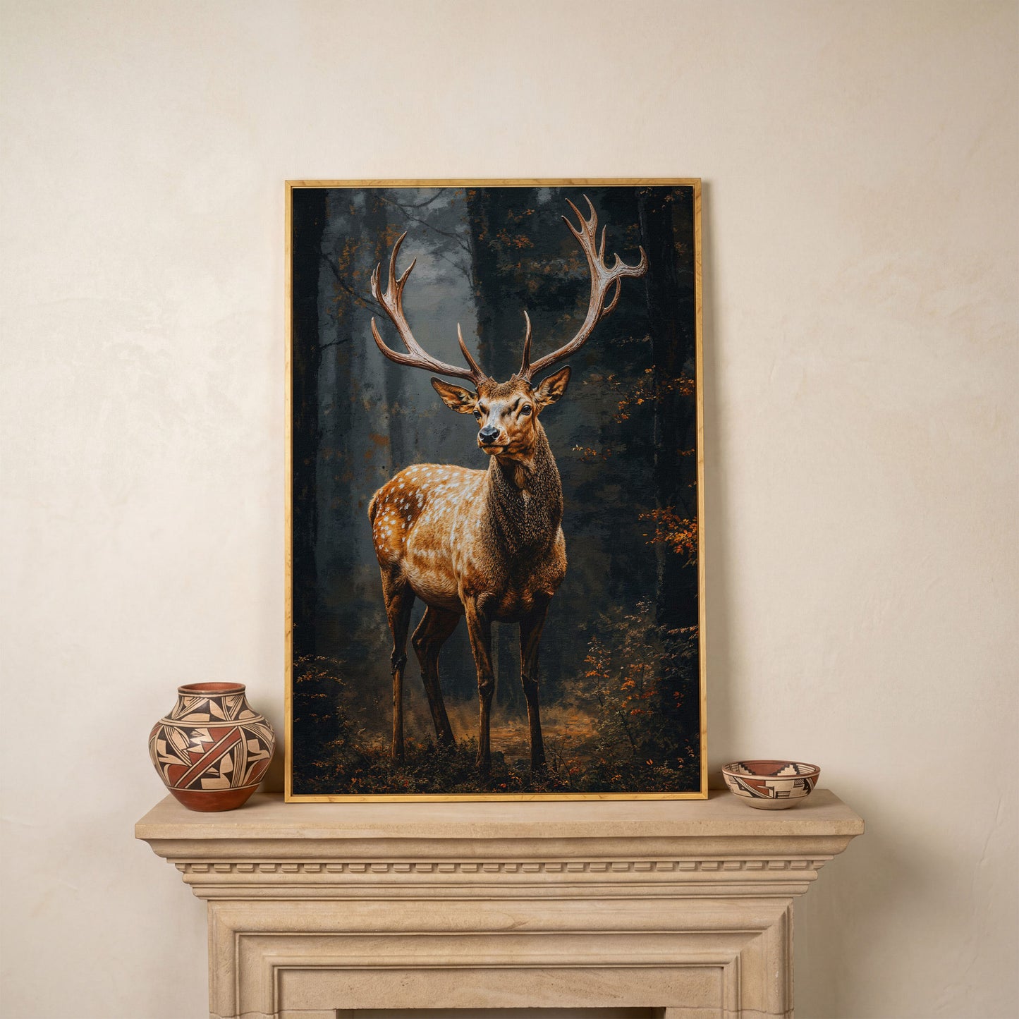 Majestic Stag in Forest Wildlife Canvas in white oak floating frame