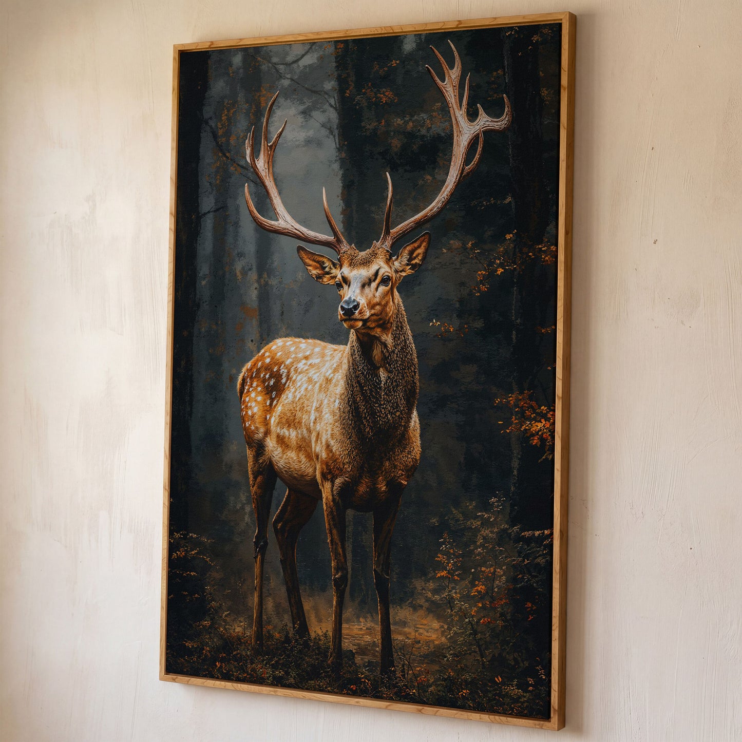 Majestic Stag in Forest Wildlife Canvas shown in white oak floating frame