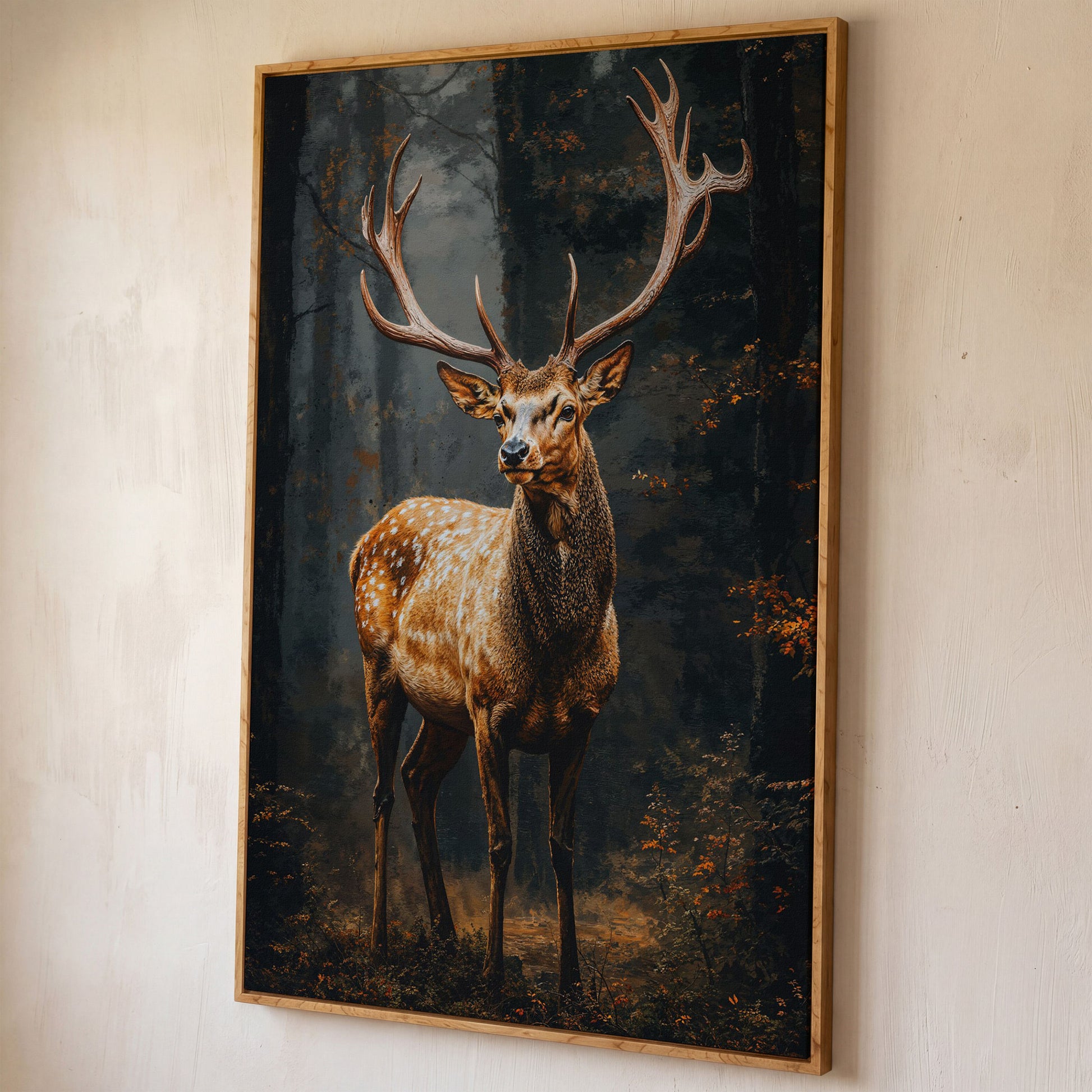 Majestic Stag in Forest Wildlife Canvas shown in white oak floating frame