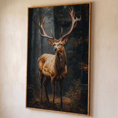 Majestic Stag in Forest Wildlife Canvas shown in white oak floating frame