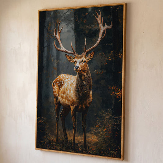 Majestic Stag in Forest Wildlife Canvas shown in white oak floating frame