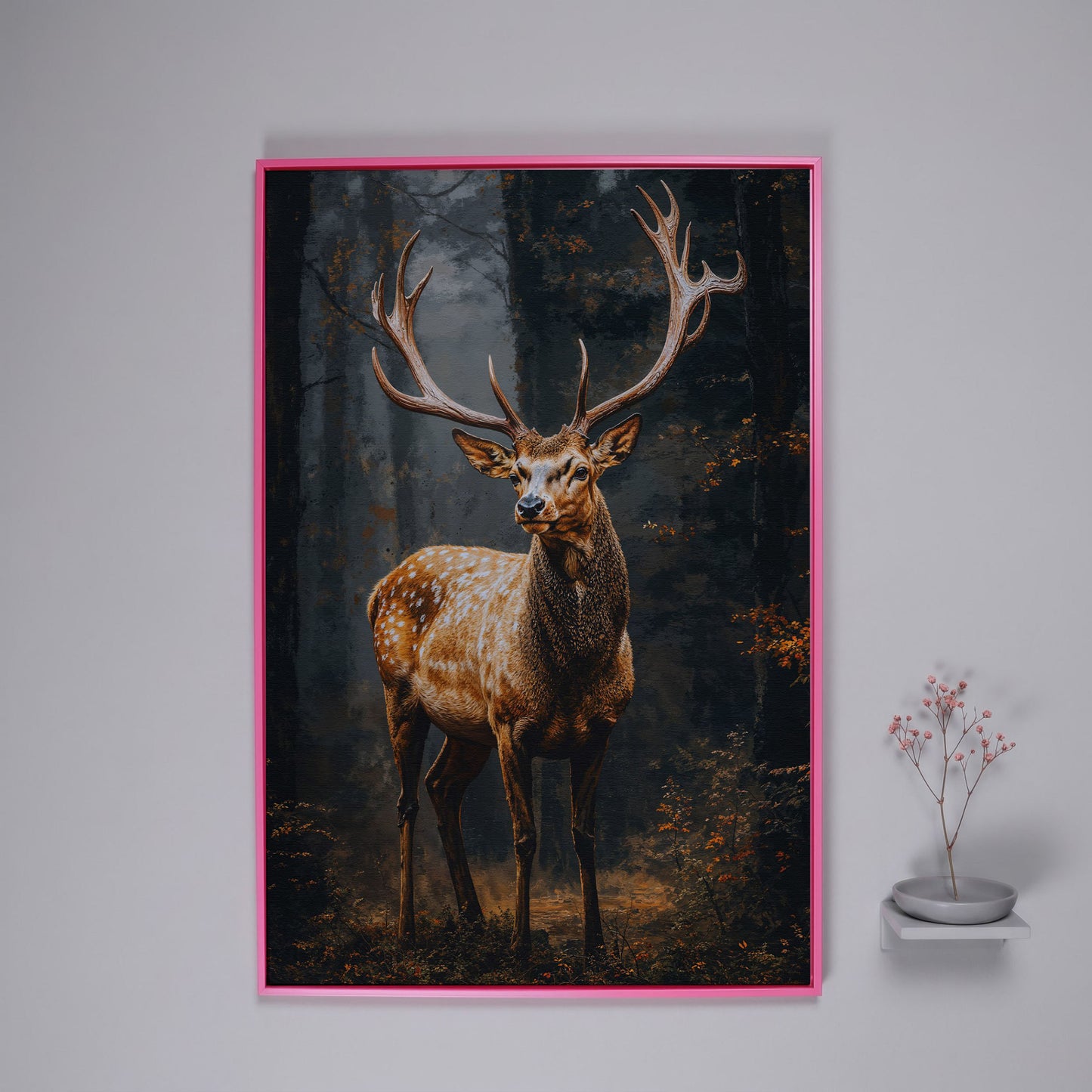 Majestic Stag in Forest Wildlife Canvas in pink floating frame