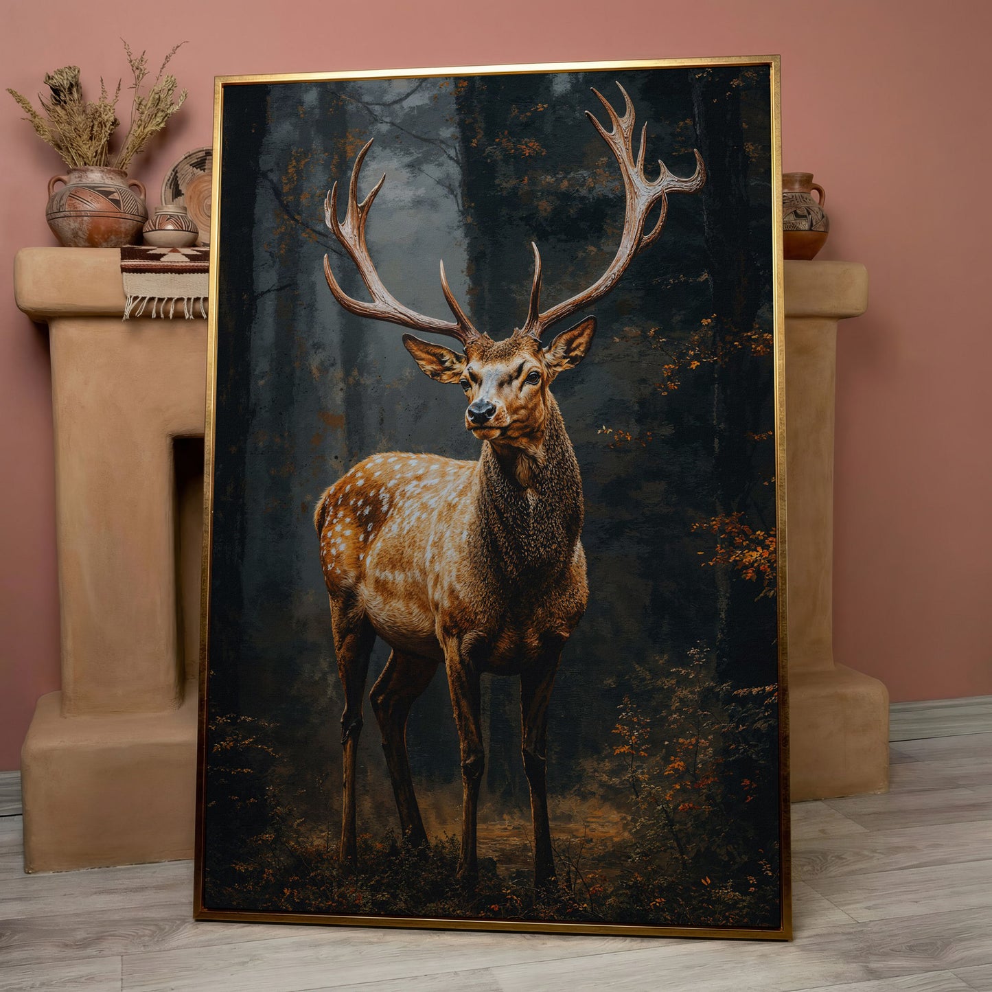 Majestic Stag in Forest Wildlife Canvas in rose gold floating frame