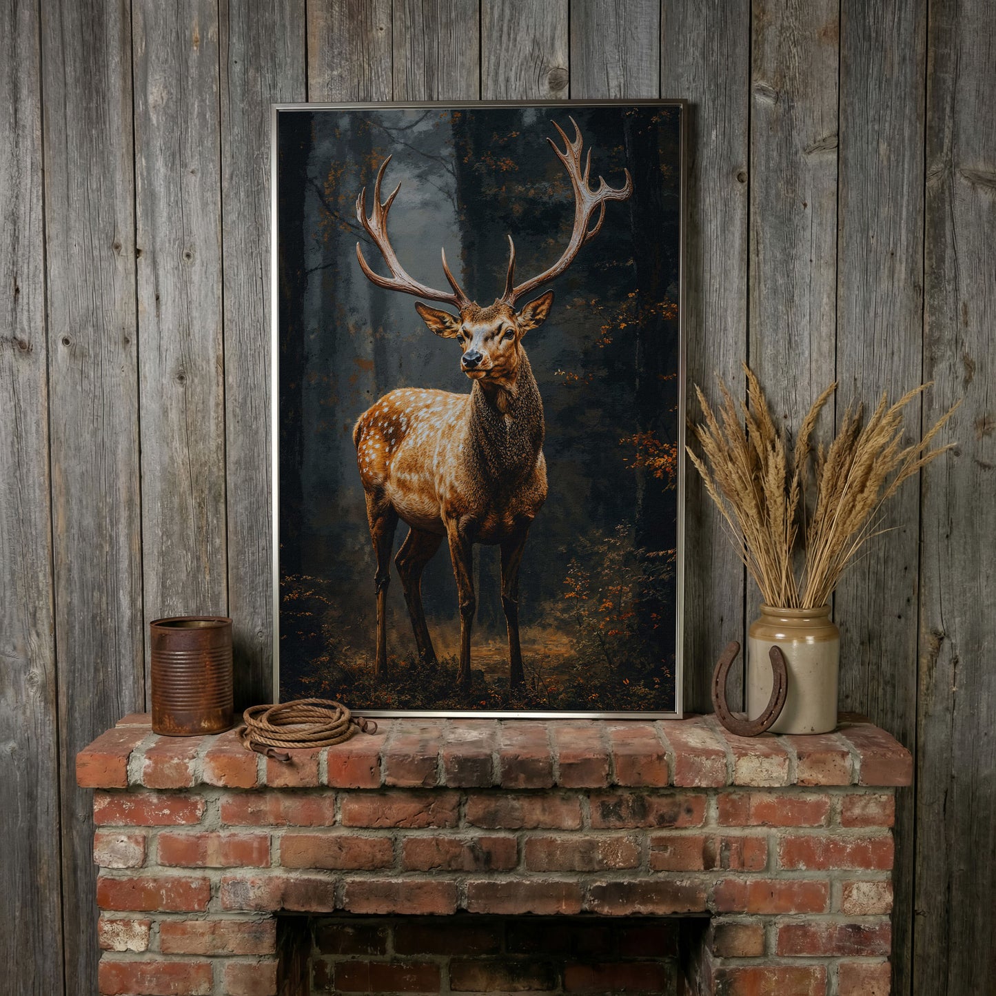 Majestic Stag in Forest Wildlife Canvas in silver floating frame