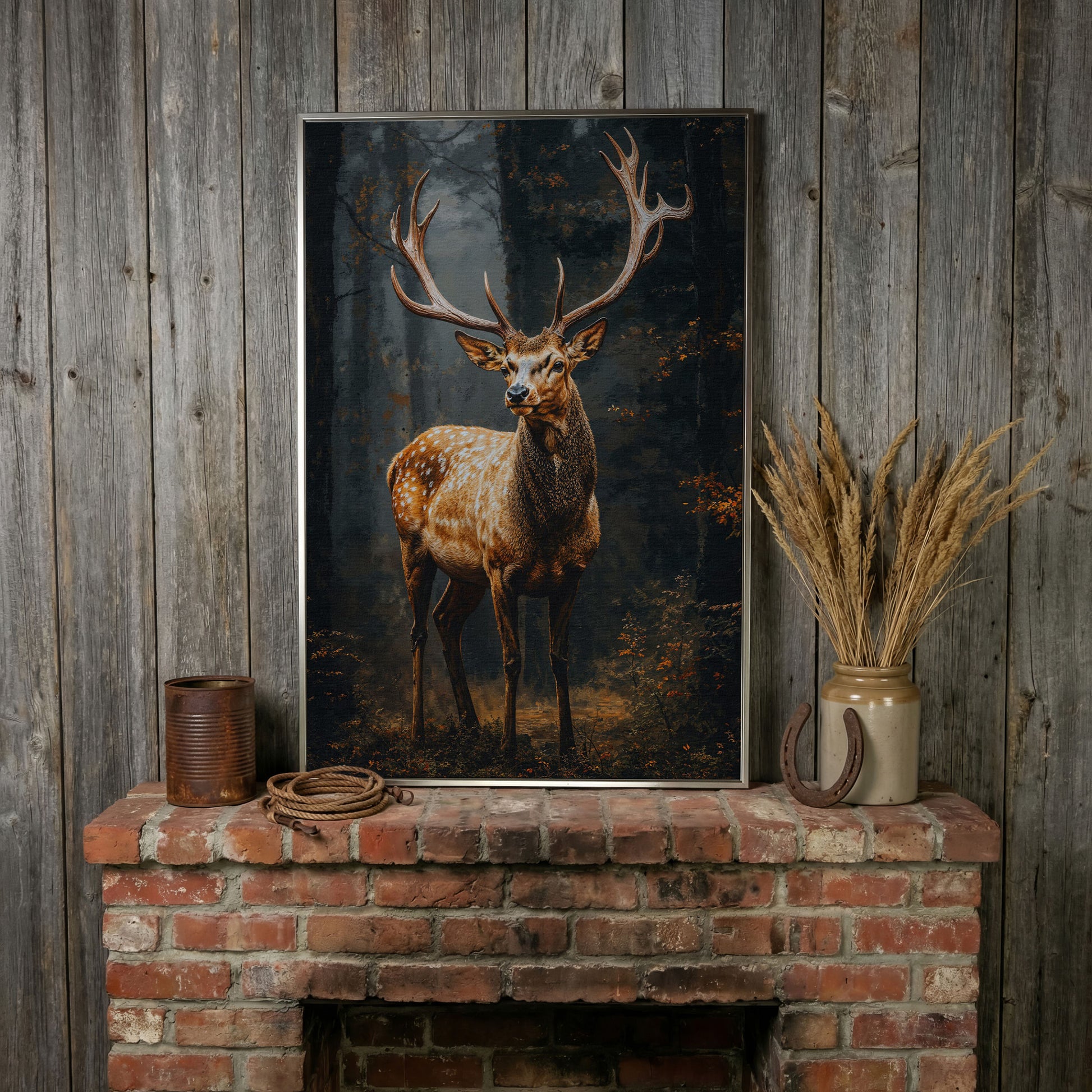 Majestic Stag in Forest Wildlife Canvas in silver floating frame
