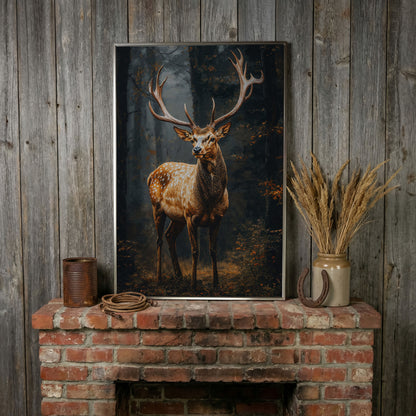 Majestic Stag in Forest Wildlife Canvas in silver floating frame