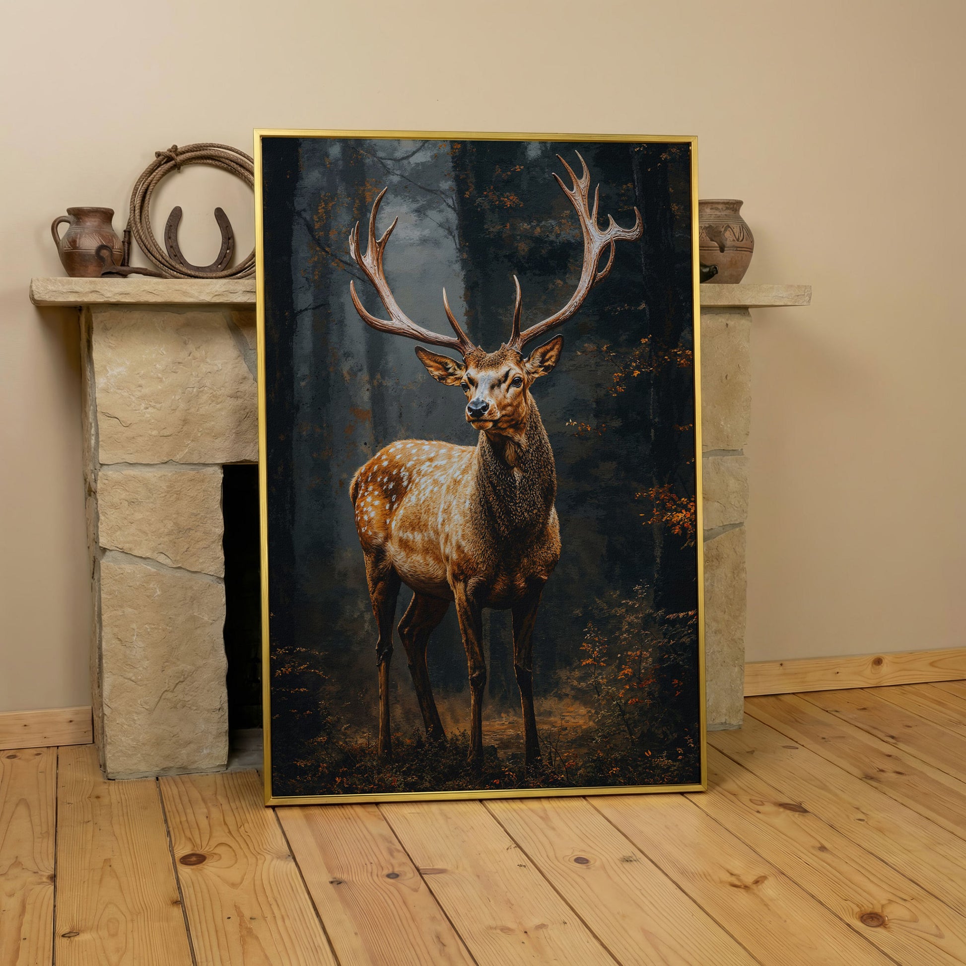 Majestic Stag in Forest Wildlife Canvas in yellow gold floating frame