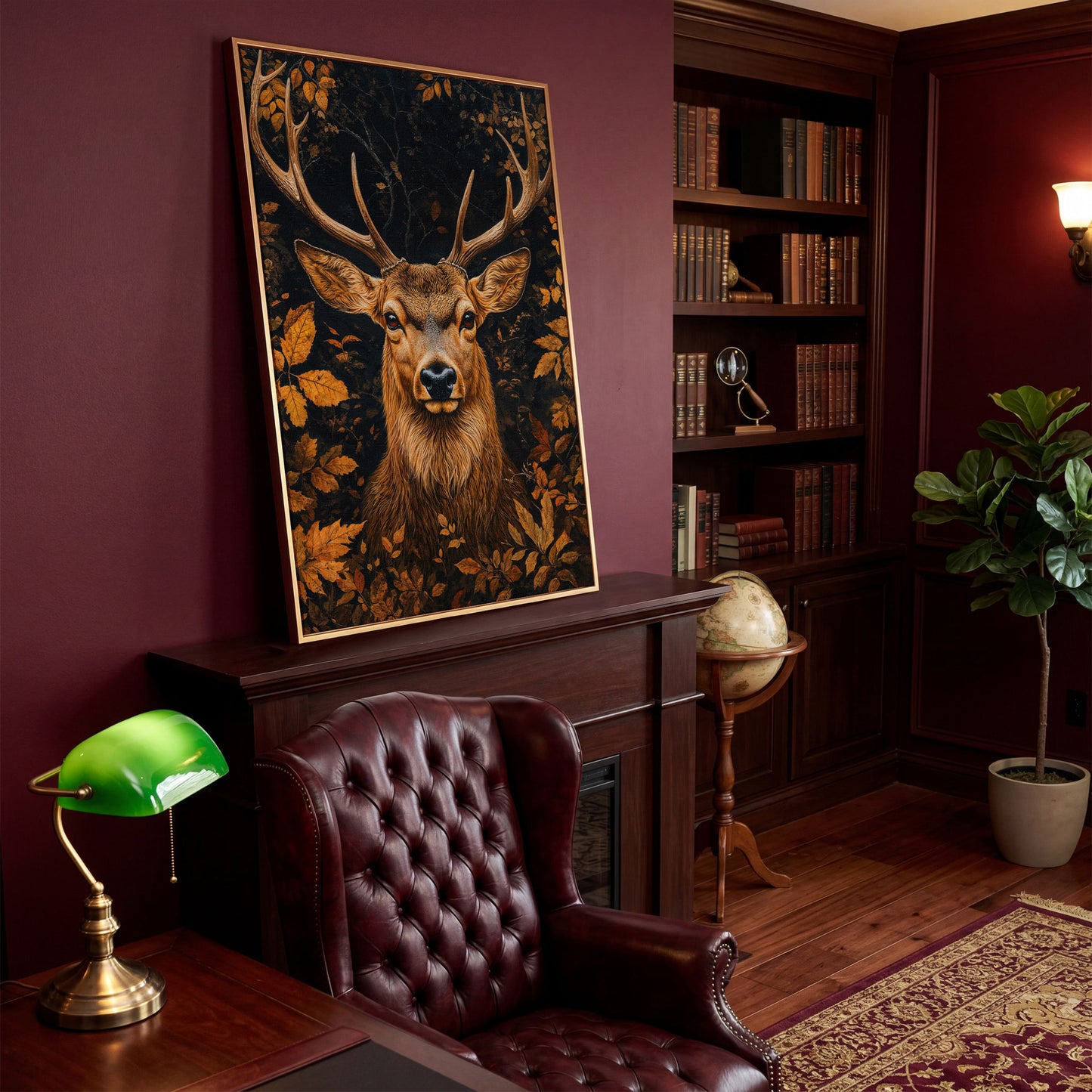 Majestic Deer Head in Autumn Forest Canvas in antique gold floating frame