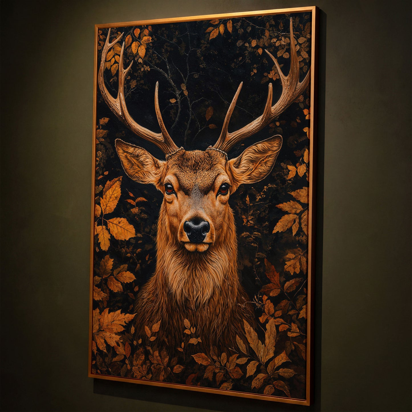 Majestic Deer Head in Autumn Forest Canvas shown in antique gold floating frame
