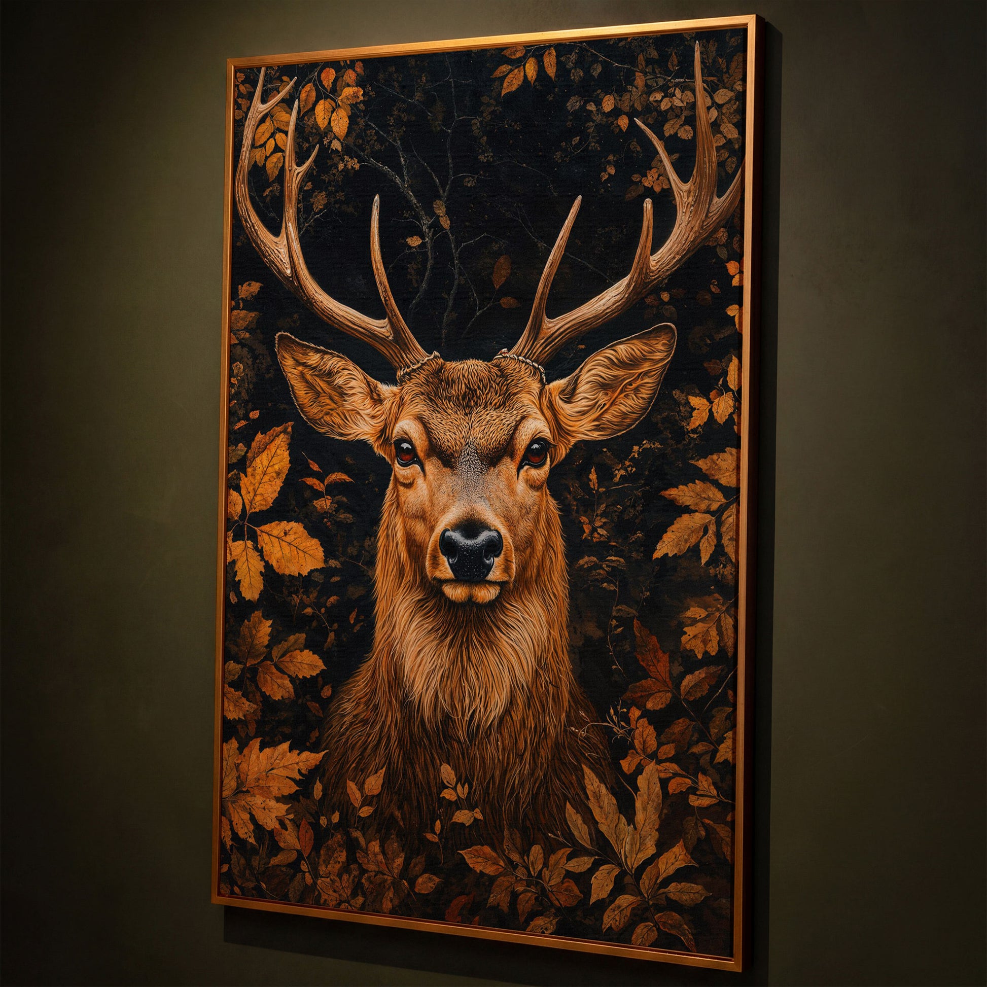 Majestic Deer Head in Autumn Forest Canvas shown in antique gold floating frame