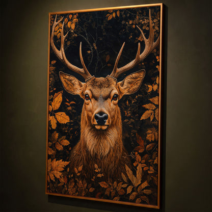 Majestic Deer Head in Autumn Forest Canvas shown in antique gold floating frame