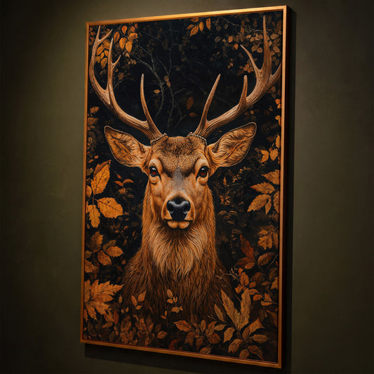 Majestic Deer Head in Autumn Forest Canvas shown in antique gold floating frame