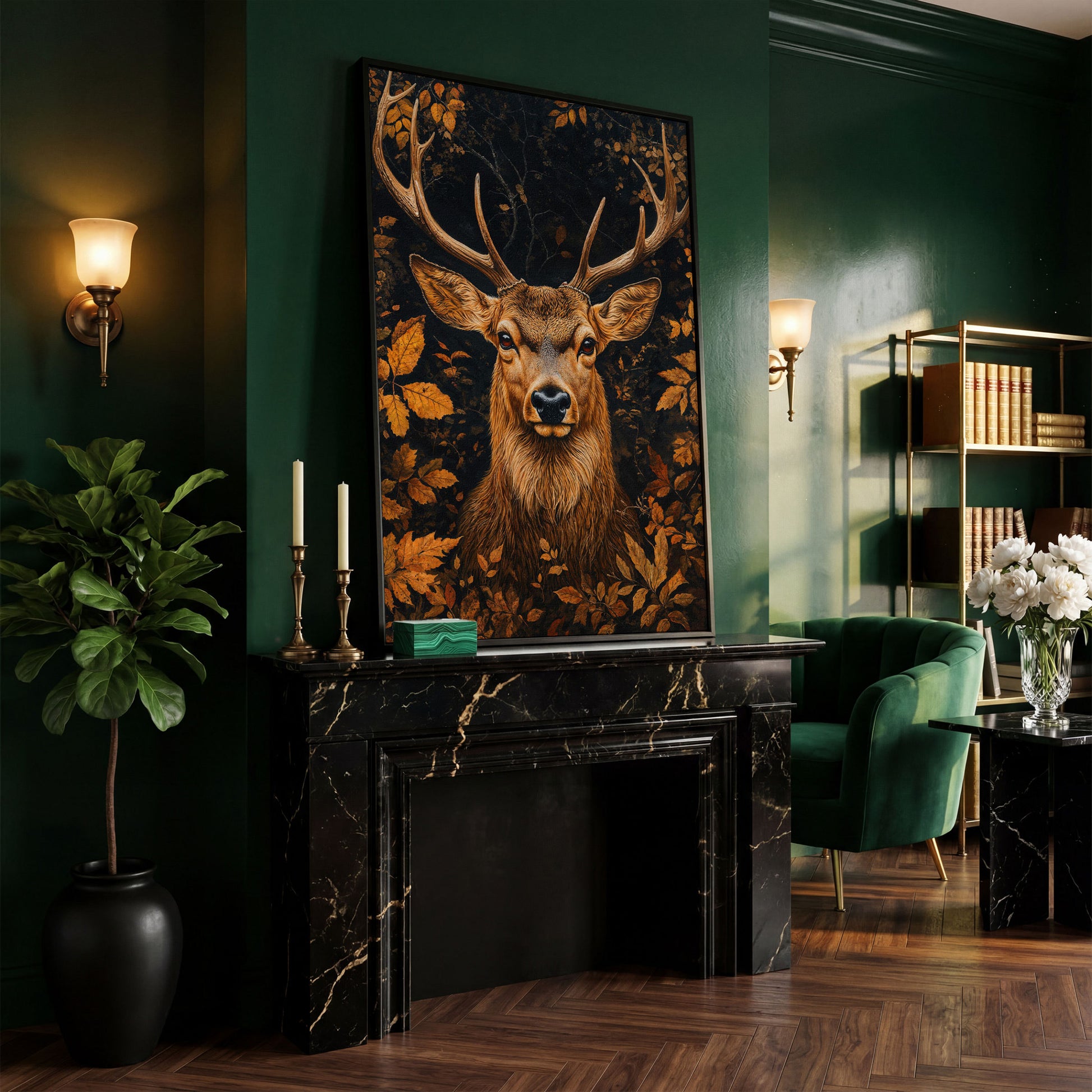 Majestic Deer Head in Autumn Forest Canvas in black floating frame