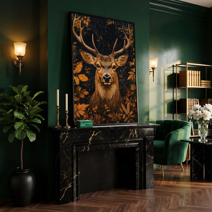 Majestic Deer Head in Autumn Forest Canvas in black floating frame