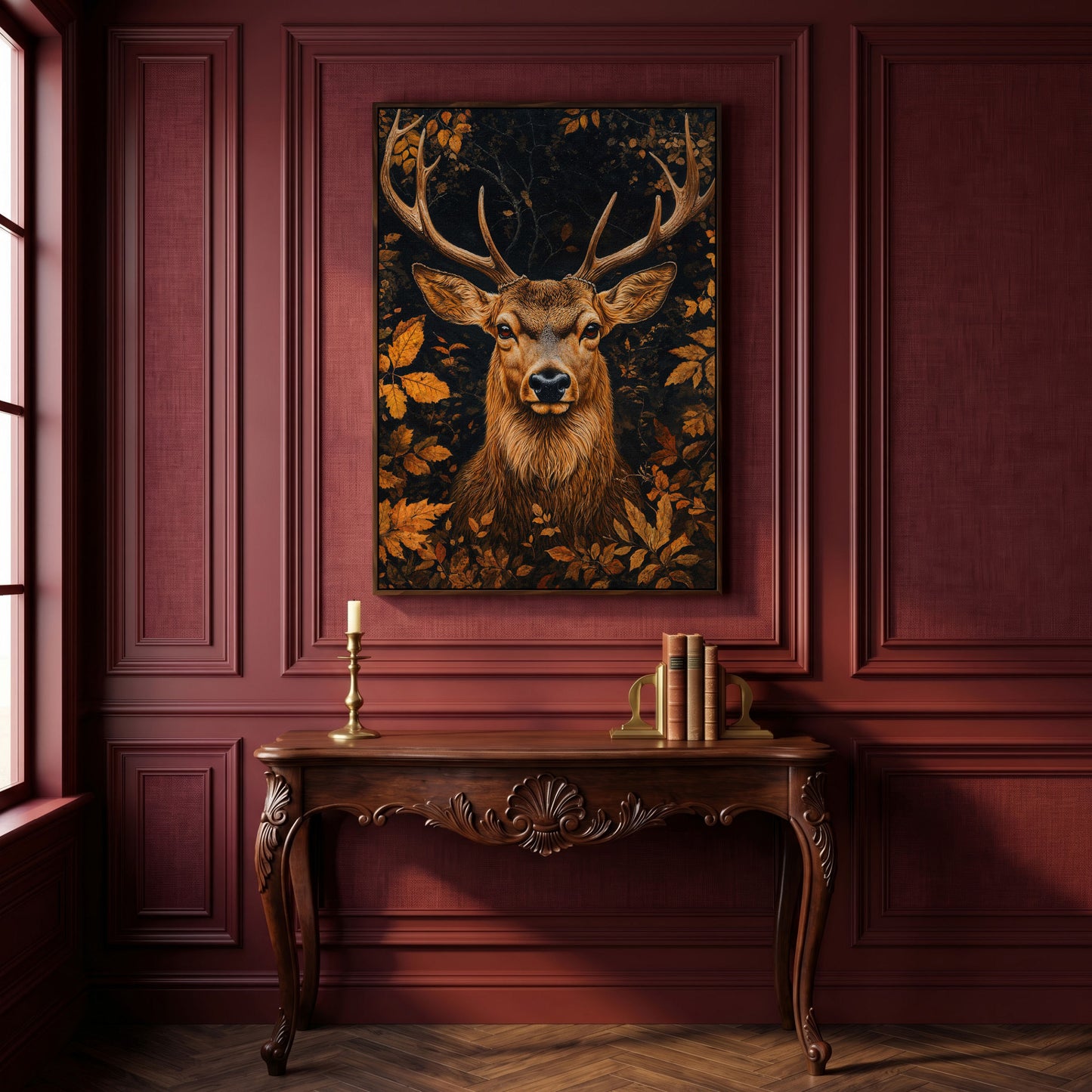 Majestic Deer Head in Autumn Forest Canvas in dark walnut floating frame