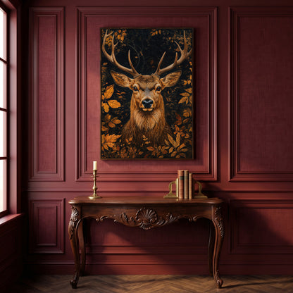 Majestic Deer Head in Autumn Forest Canvas in dark walnut floating frame