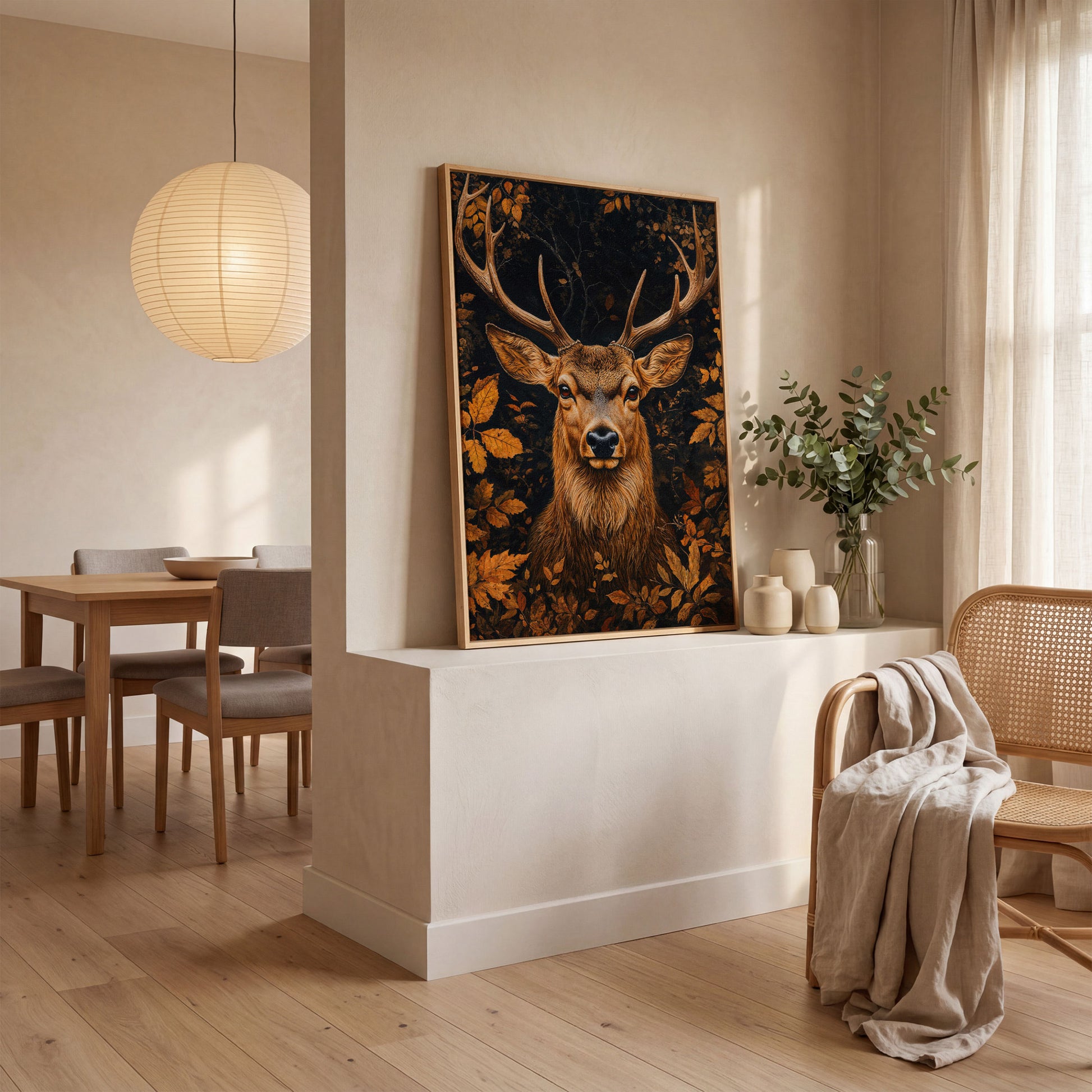 Majestic Deer Head in Autumn Forest Canvas in white oak floating frame