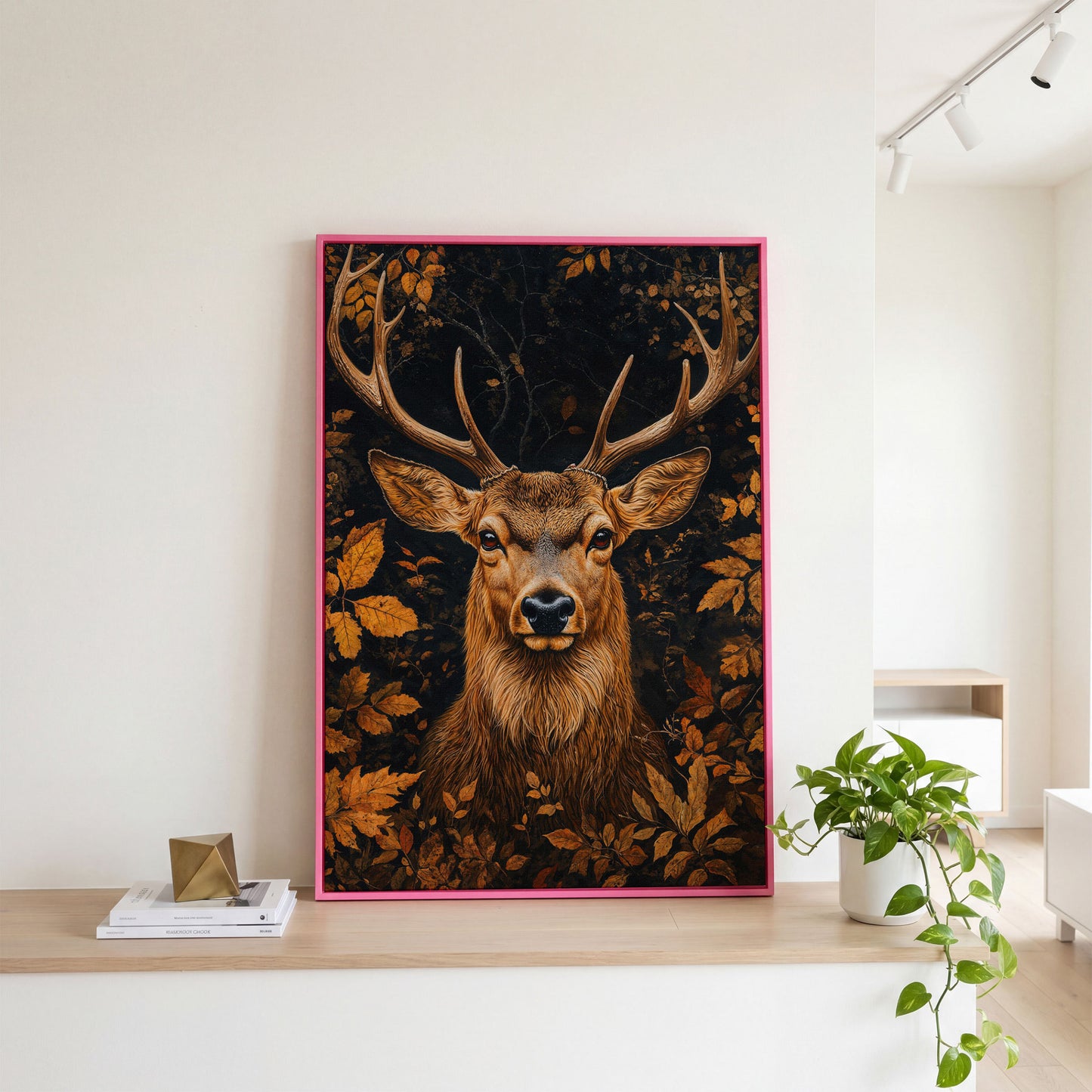 Majestic Deer Head in Autumn Forest Canvas in pink floating frame