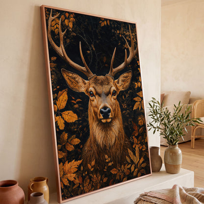Majestic Deer Head in Autumn Forest Canvas in rose gold floating frame