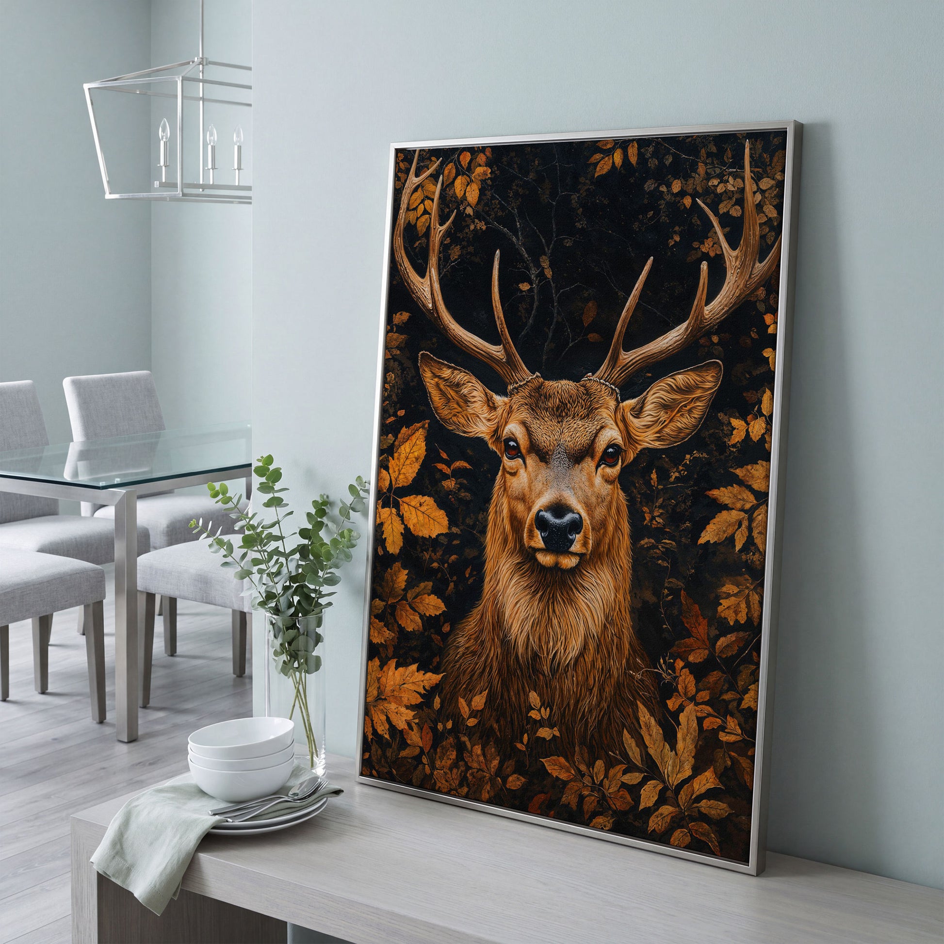 Majestic Deer Head in Autumn Forest Canvas in silver floating frame