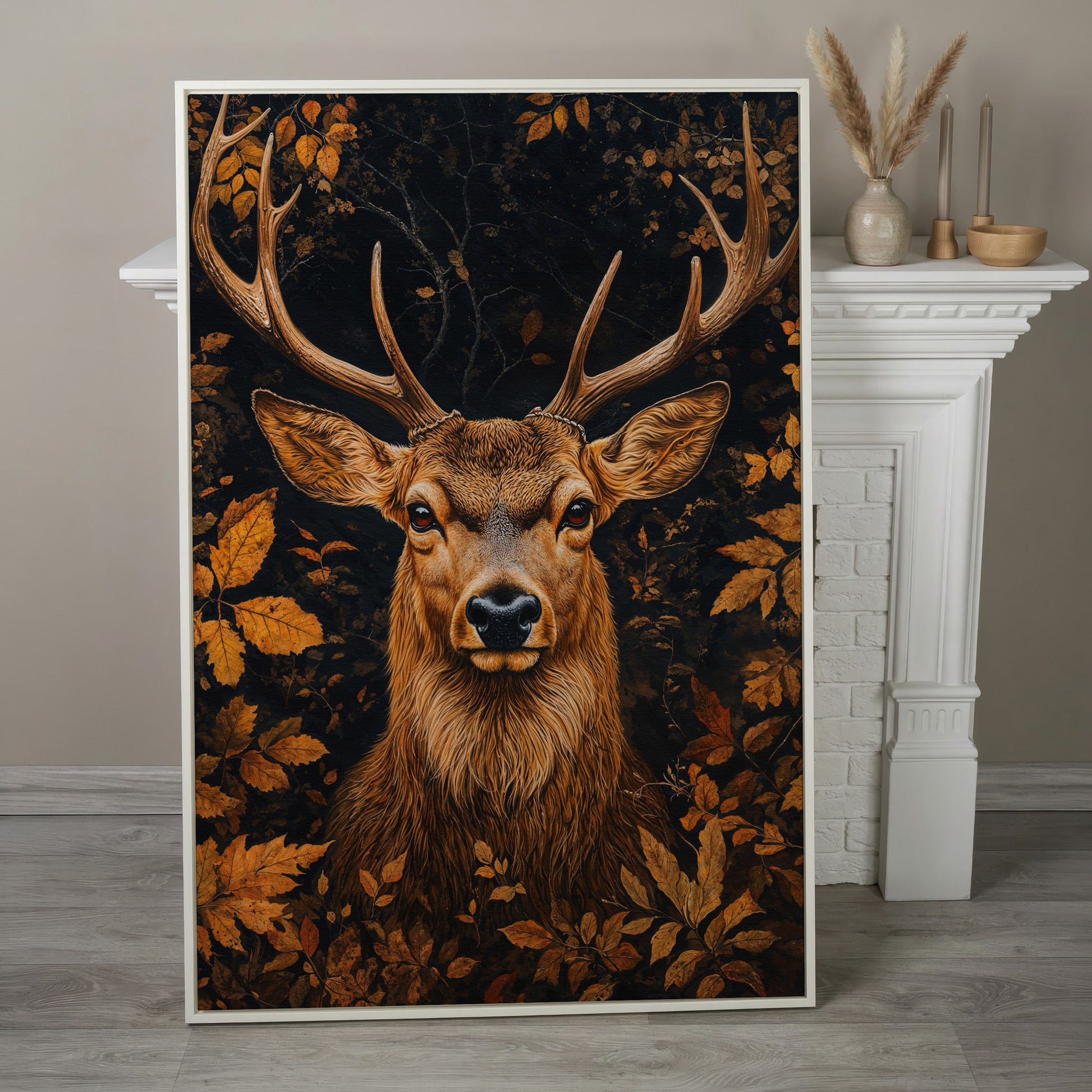 Majestic Deer Head in Autumn Forest Canvas in white floating frame