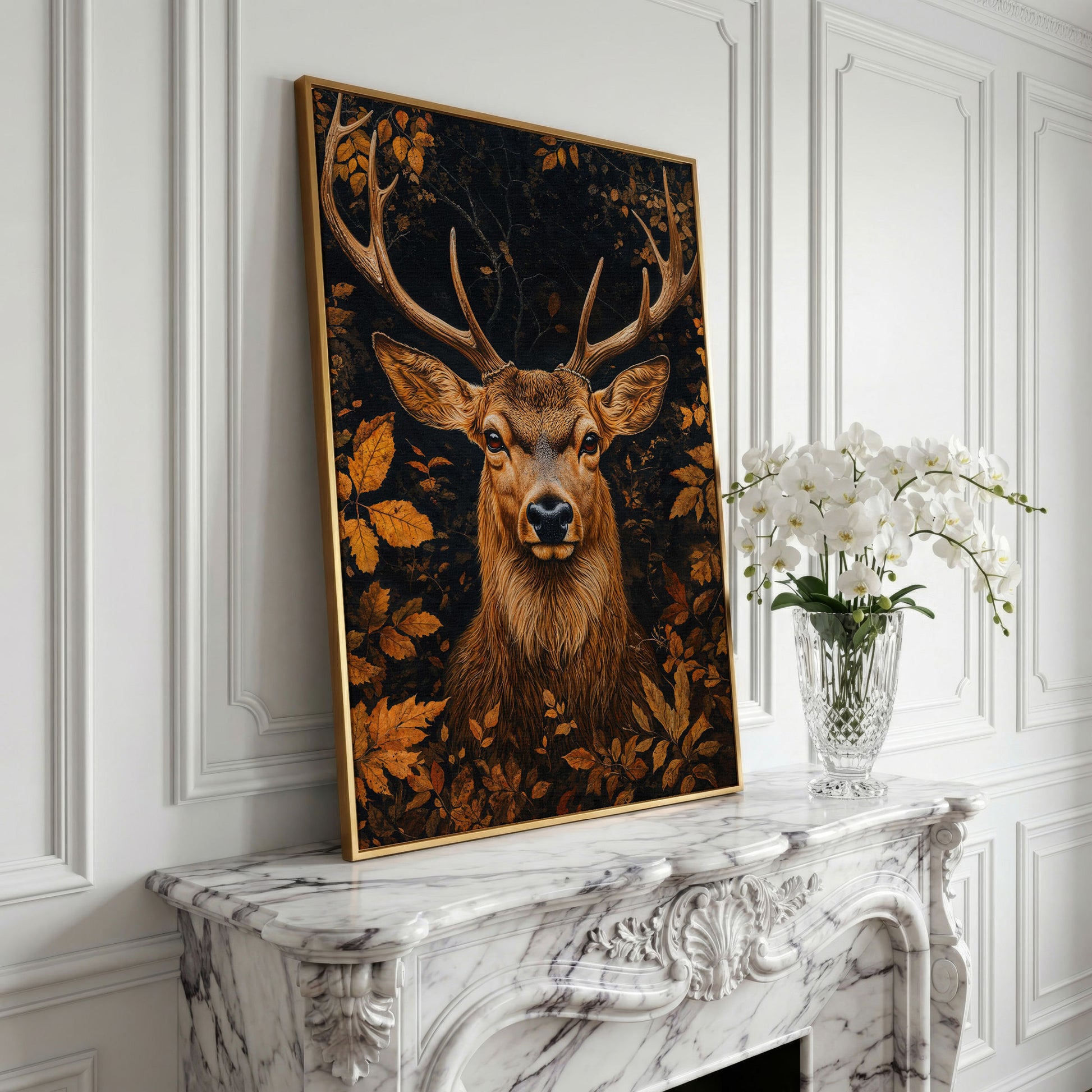 Majestic Deer Head in Autumn Forest Canvas in yellow gold floating frame