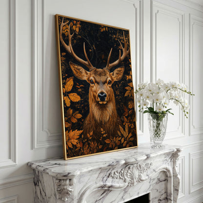 Majestic Deer Head in Autumn Forest Canvas in yellow gold floating frame